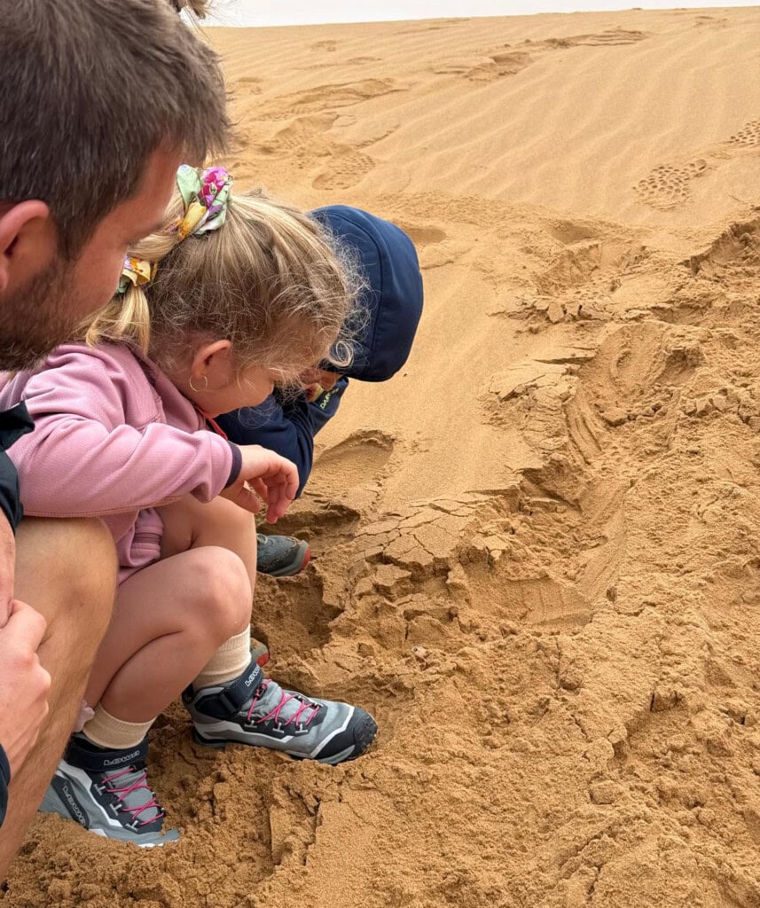 Ein Vater sucht in der nähe von Swakopmund mit seinen Kindern etwas im Sand.