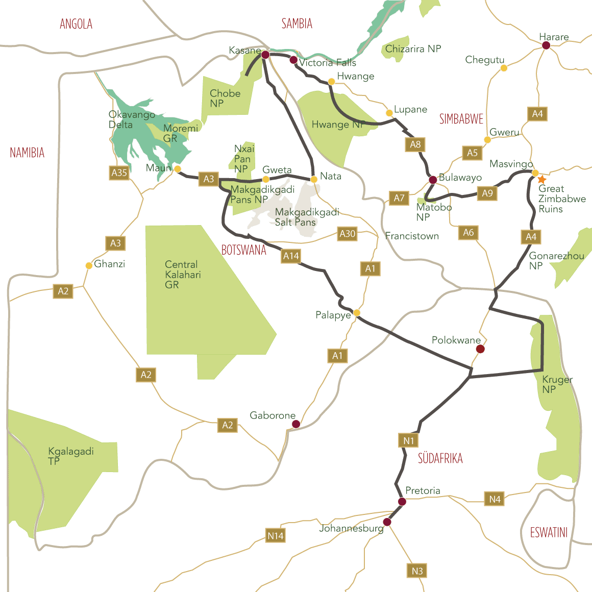 Simbabwe und Botswana Rundreise Tourkarte