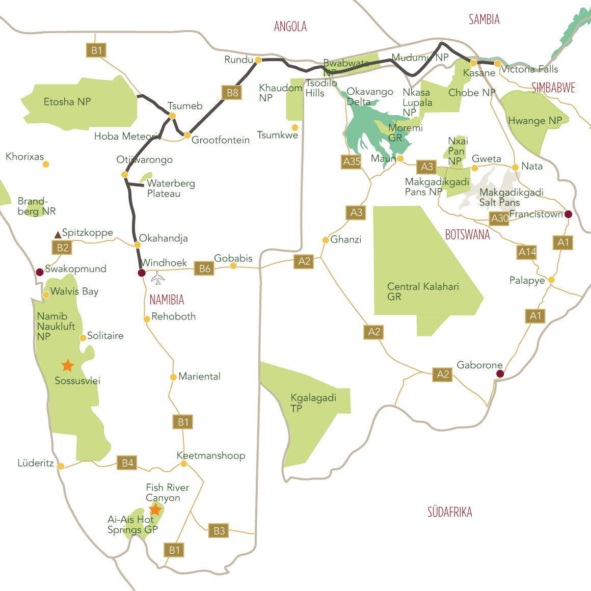 Namibia und Botswana Fotosafari Tourkarte