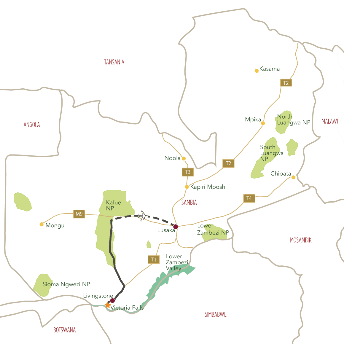 Safari in Sambia Vielfalt des Südens Tourkarte