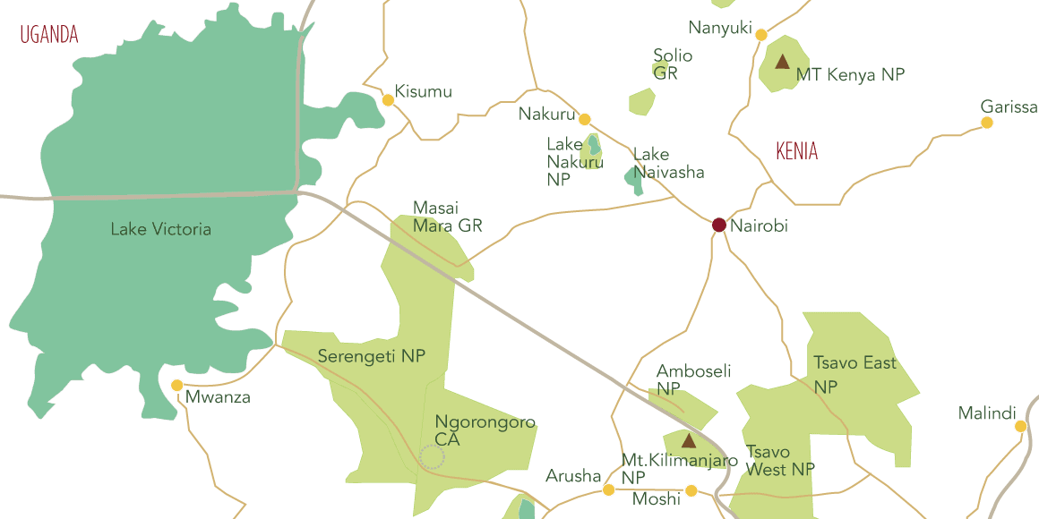 Eine Karte des Grenzgebietes Tansania und Kenia mit Amboseli, Masai Mara, Serengeti, Ngorngoro Crater.