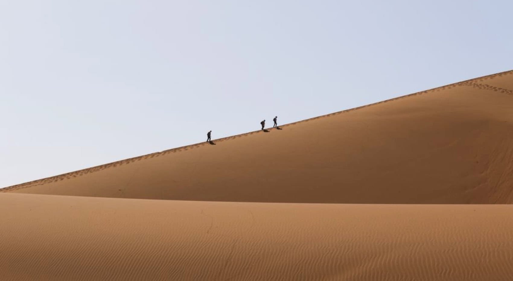Drei Personen wandern auf einer Sanddüne der Namib Wüste.