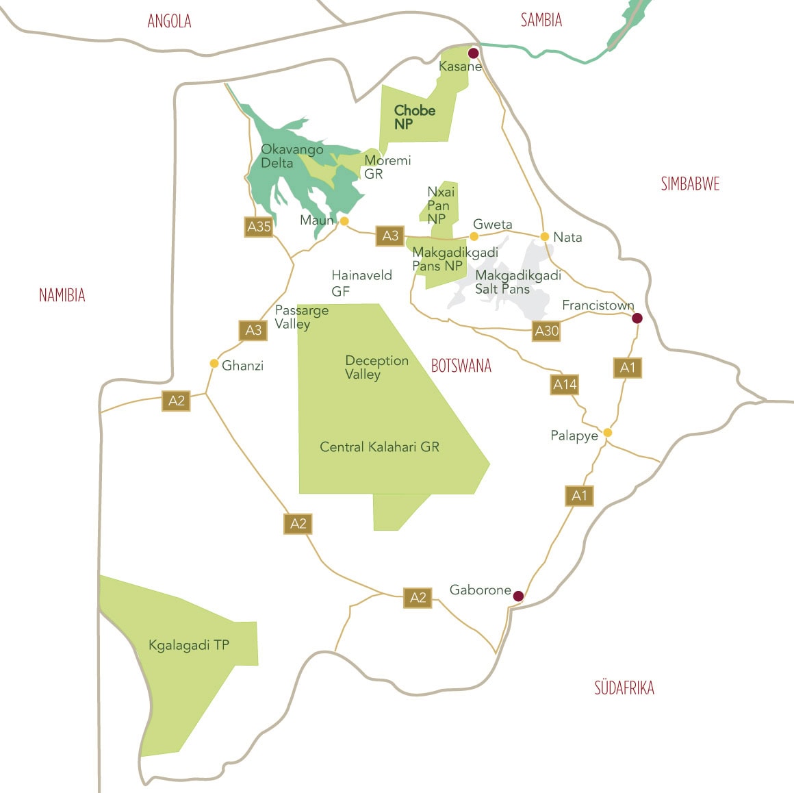 Eine Karte von Botswana mit dem Chobe Nationalpark. Eine Karte von Botswana mit dem Chobe Nationalpark.