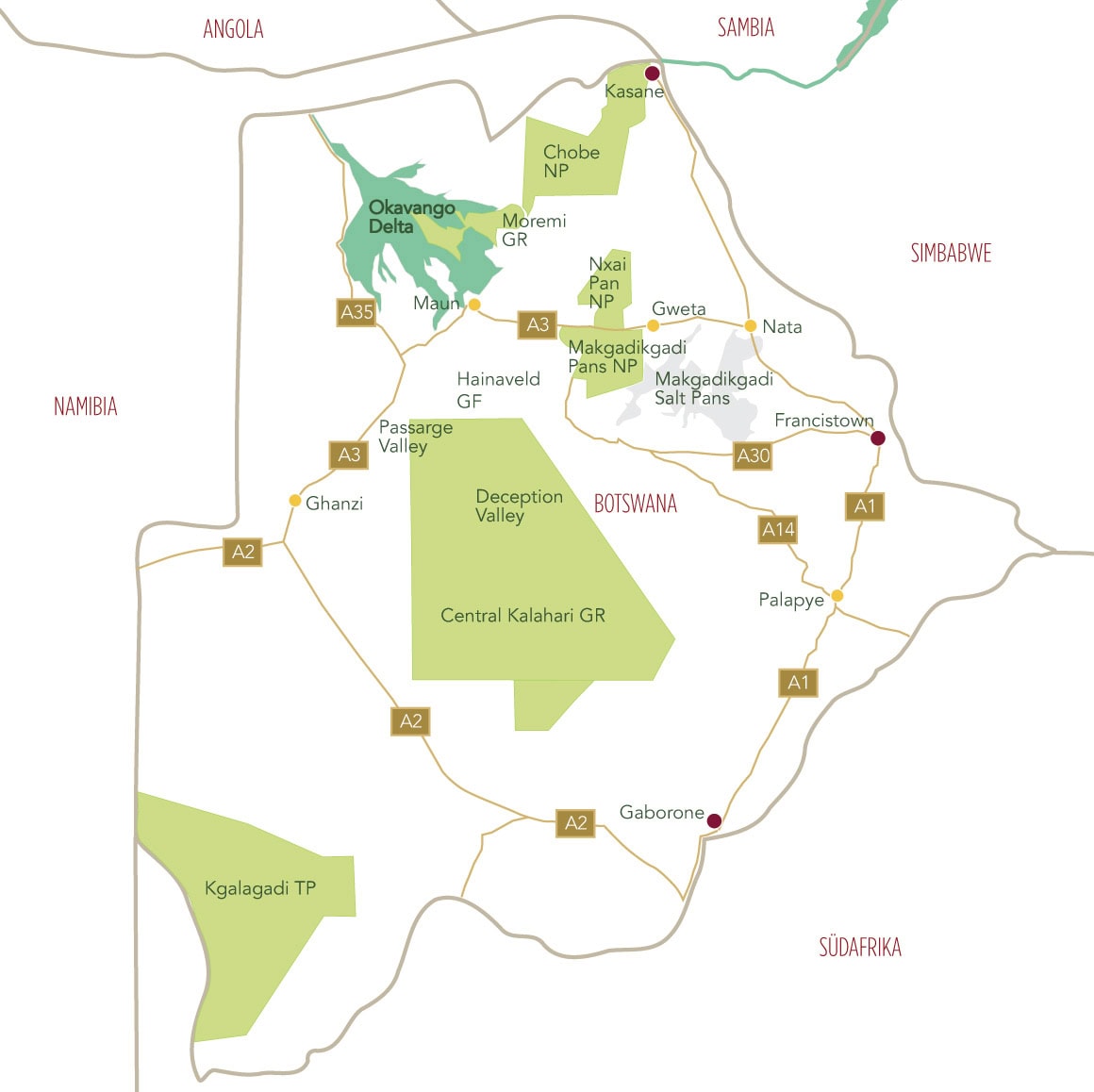 Eine Karte von Botswana mit dem Okavango Delta und den wichtigsten Naturschutzgebieten. Eine Karte von Botswana mit dem Okavango Delta und den wichtigsten Naturschutzgebieten.