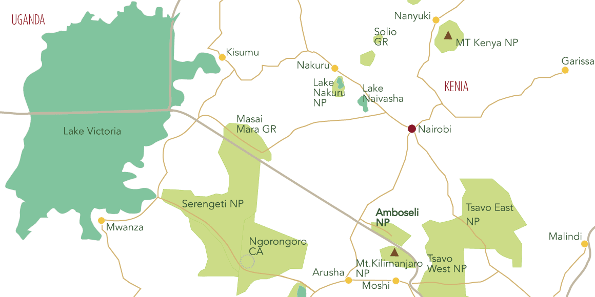 Eine Karte des Grenzgebietes Tansania und Kenia mit Amboseli, Masai Mara, Serengeti, Ngorngoro Crater.