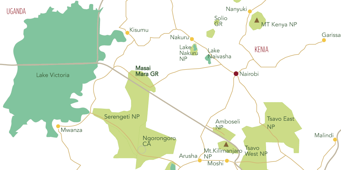 Eine Karte des Grenzgebietes Tansania und Kenia mit Amboseli, Masai Mara, Serengeti, Ngorngoro Crater. Eine Karte des Grenzgebietes Tansania und Kenia mit Amboseli, Masai Mara, Serengeti, Ngorngoro Crater.