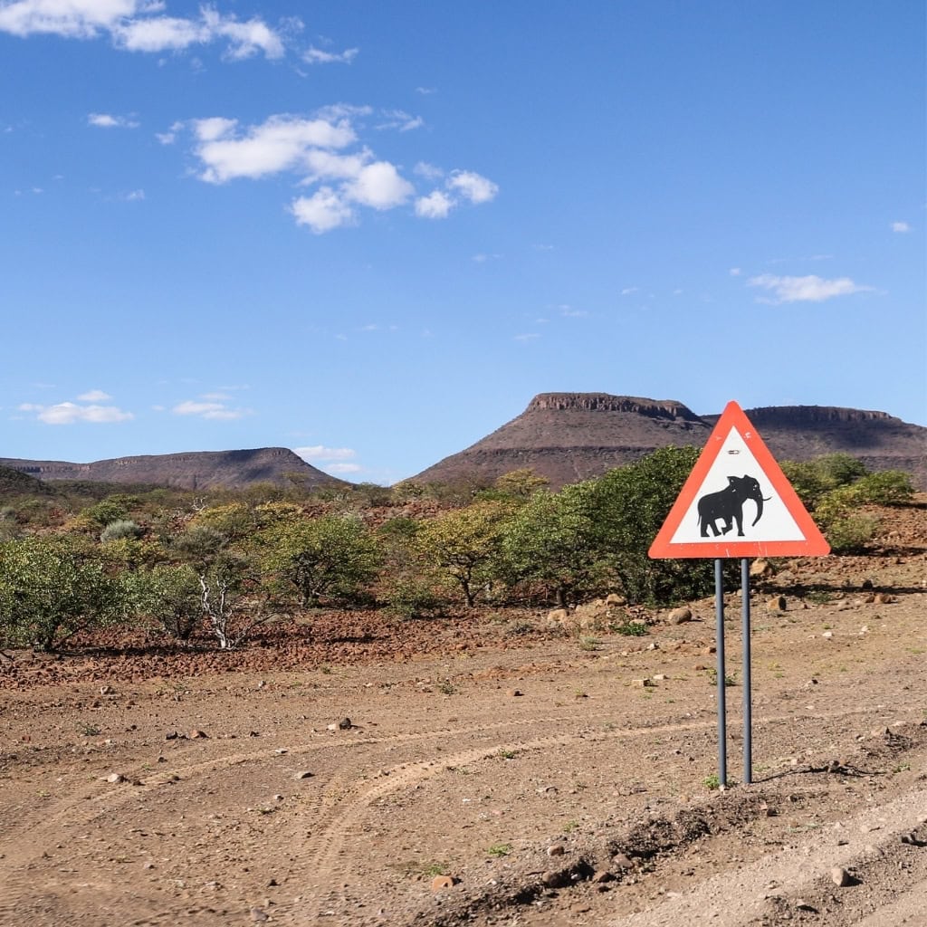 Straßenschild mit Elefant im Kaokoveld