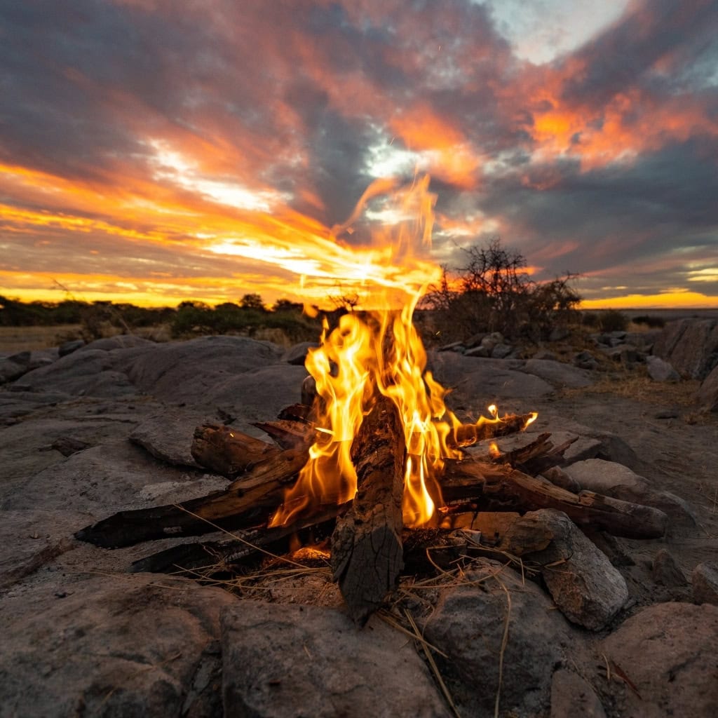 Lagerfeuer bei Sonnenuntergang