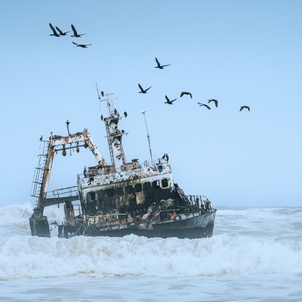Schiffswrack umkreist von Vögel an der Skelettküste