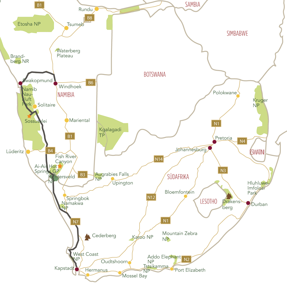 Die Westküste – 4x4 Selbstfahrerreise durch Südafrika & Namibia Tourkarte