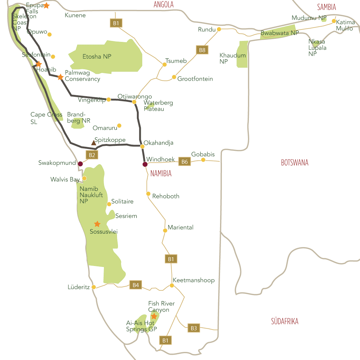 Offroad-Abenteuer – Kaokoveld & Skelettküste Tourkarte