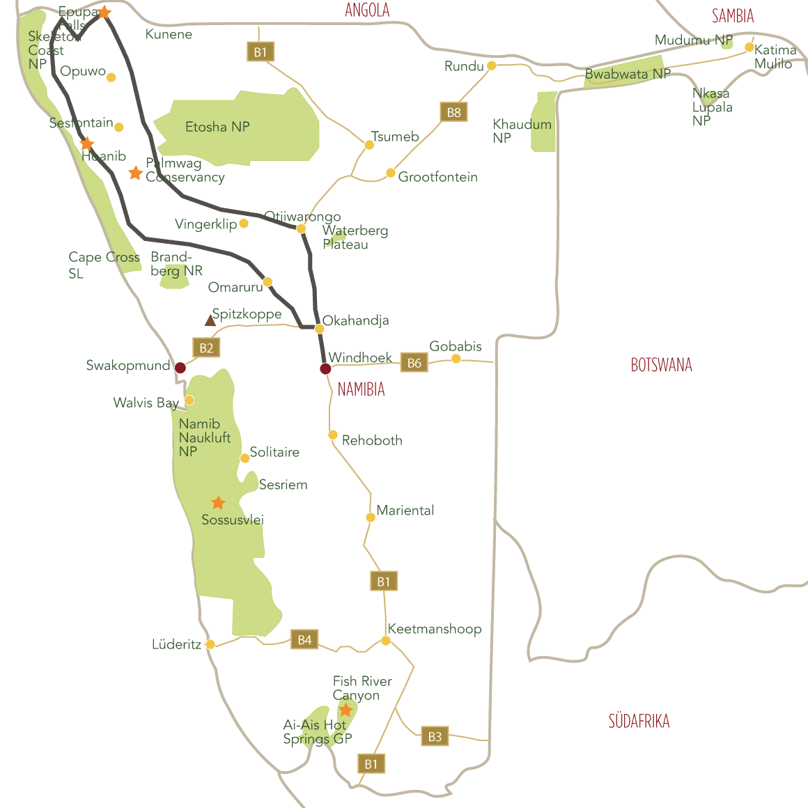 Unberührtes Namibia – 4x4 Selbstfahrerreise ins Kaokoveld Tourkarte
