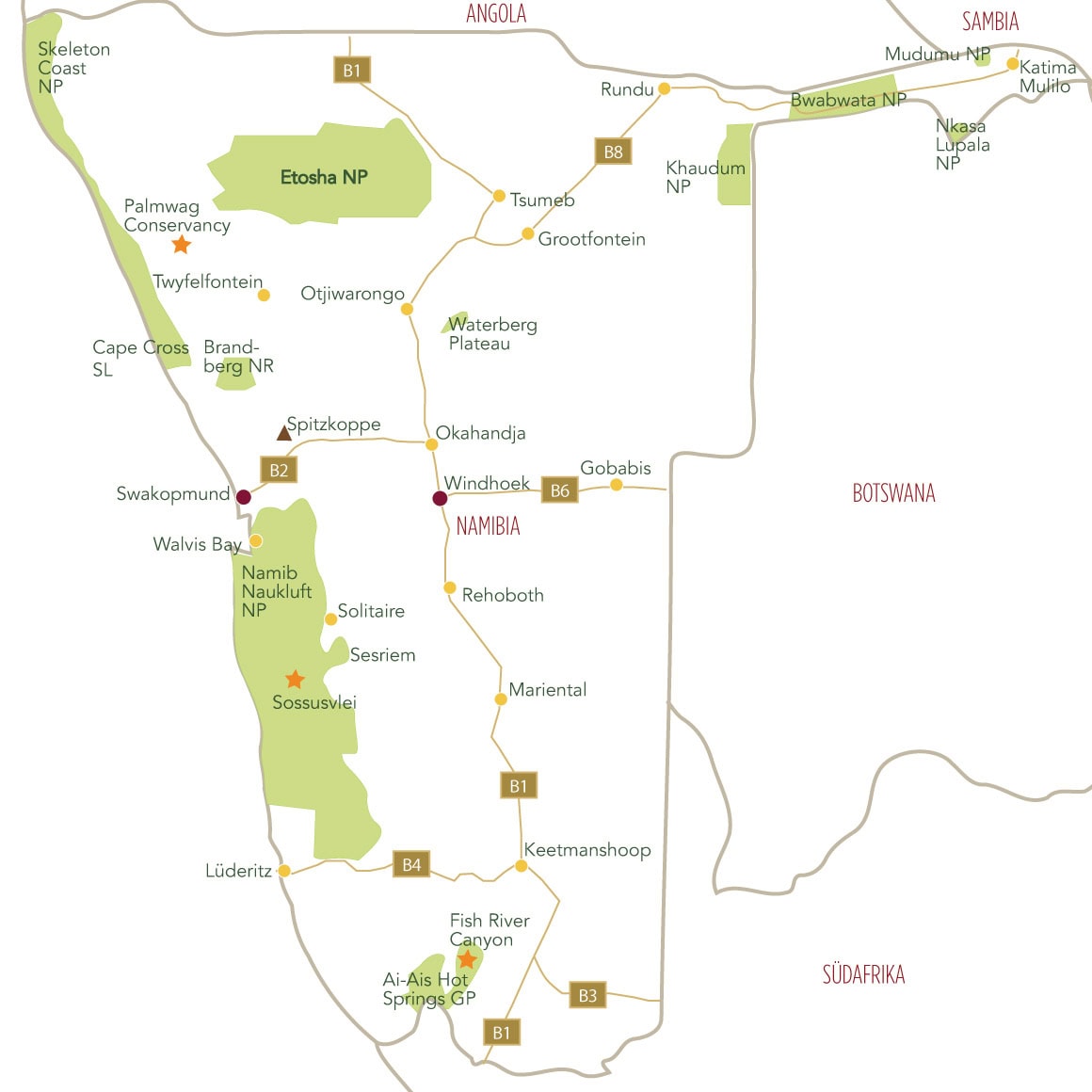 Eine Karte von Namibia mit dem Etosha Nationalpark. Eine Karte von Namibia mit dem Etosha Nationalpark.