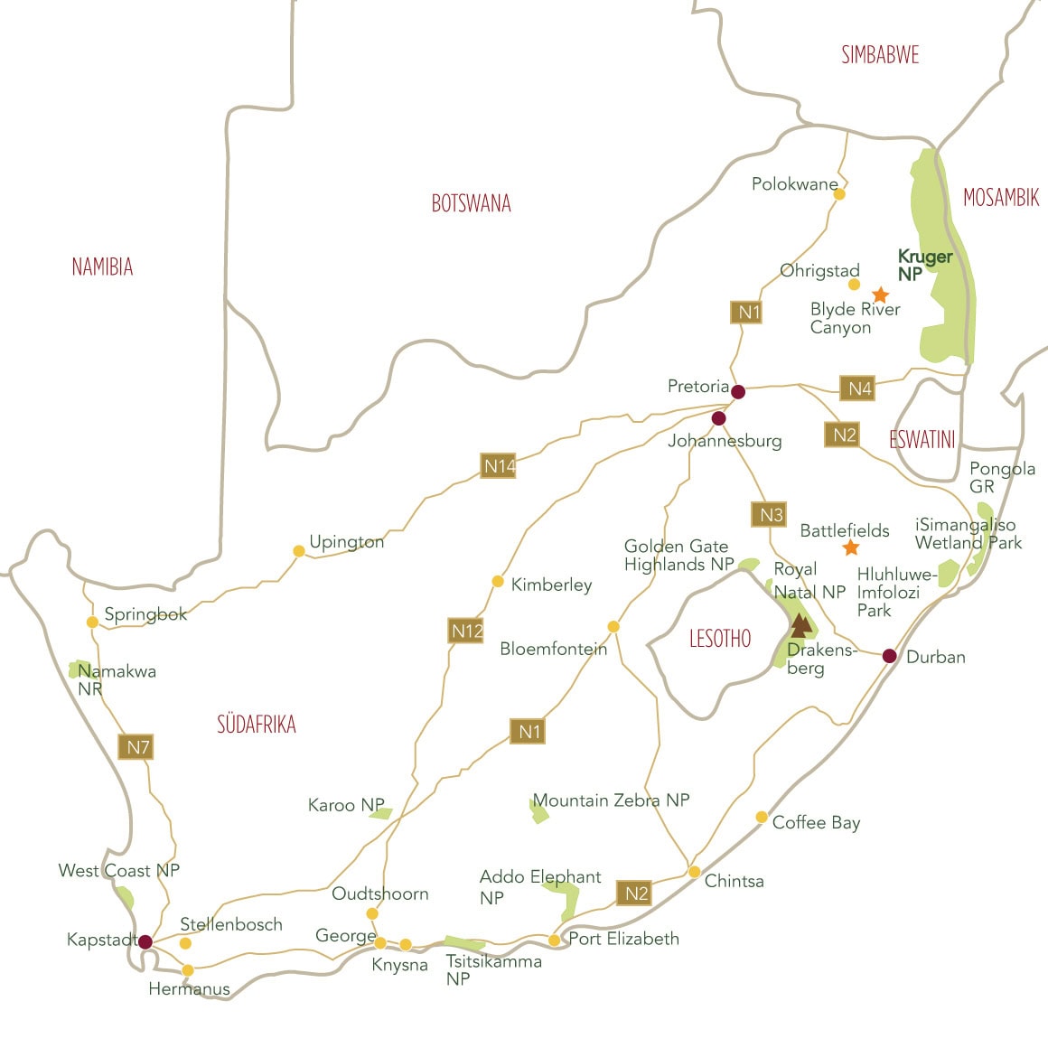 Eine Karte von Südafrika mit dem Kruger Nationalpark.  