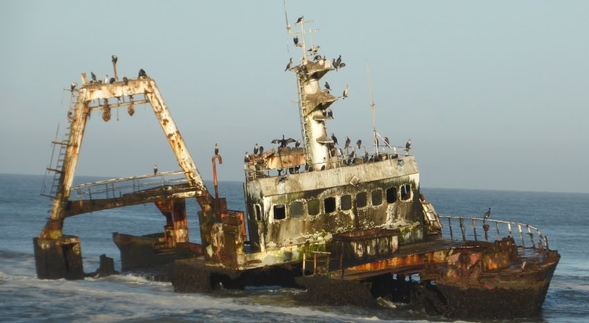 Schiffswrack an der skelettküste Namibias. Kormorane und wellengang.