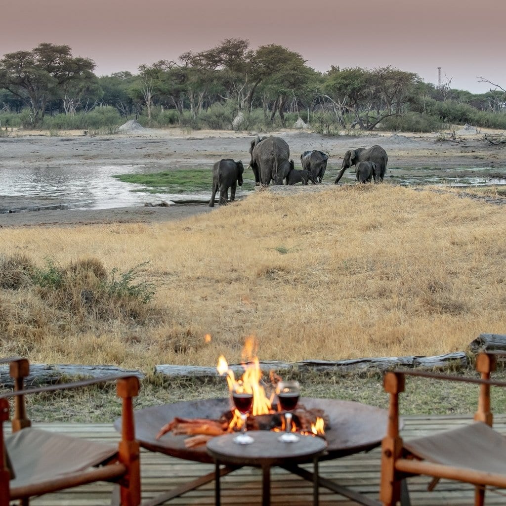 Elefanten am Wasserloch vor der Terrasse des The Hide Camp.