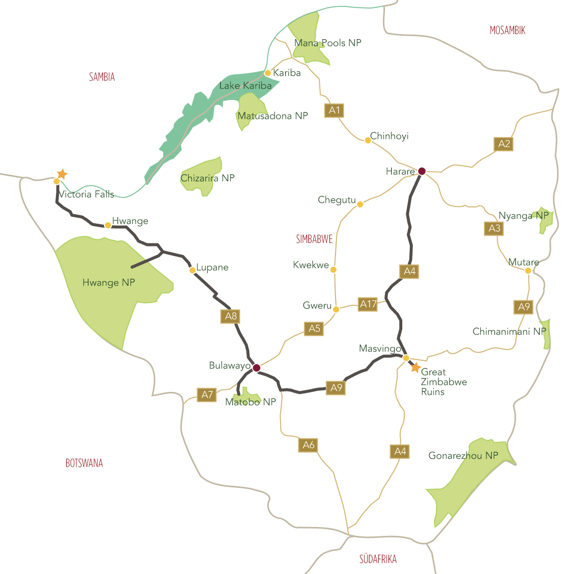 Routenplan Highlights von Simbabwe