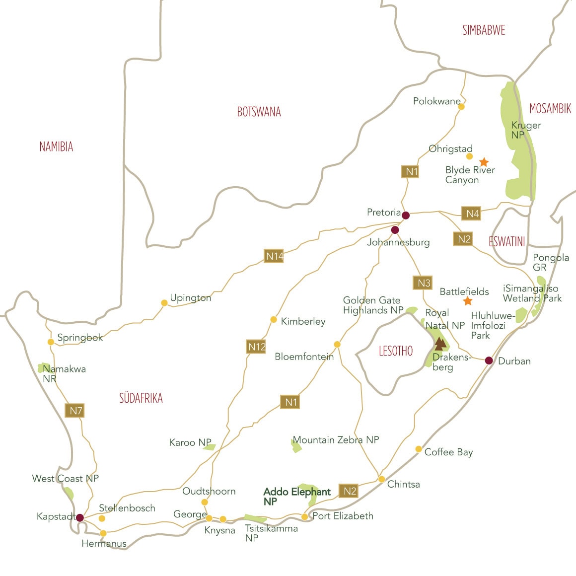 Eine Karte von Südafrika mit den wichtigsten Nationalparks. Eine Karte von Südafrika mit den wichtigsten Nationalparks.