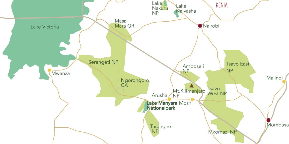 Eine Karte vom Norden Tansanias mit dem Lake Manyara Nationalpark. Eine Karte vom Norden Tansanias mit dem Lake Manyara Nationalpark.